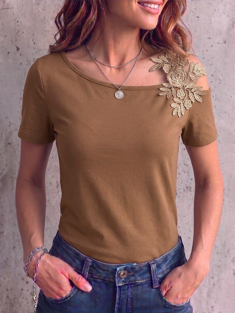 Women's Solid Color Off-shoulder Short-sleeved Embroidered Patchwork Top