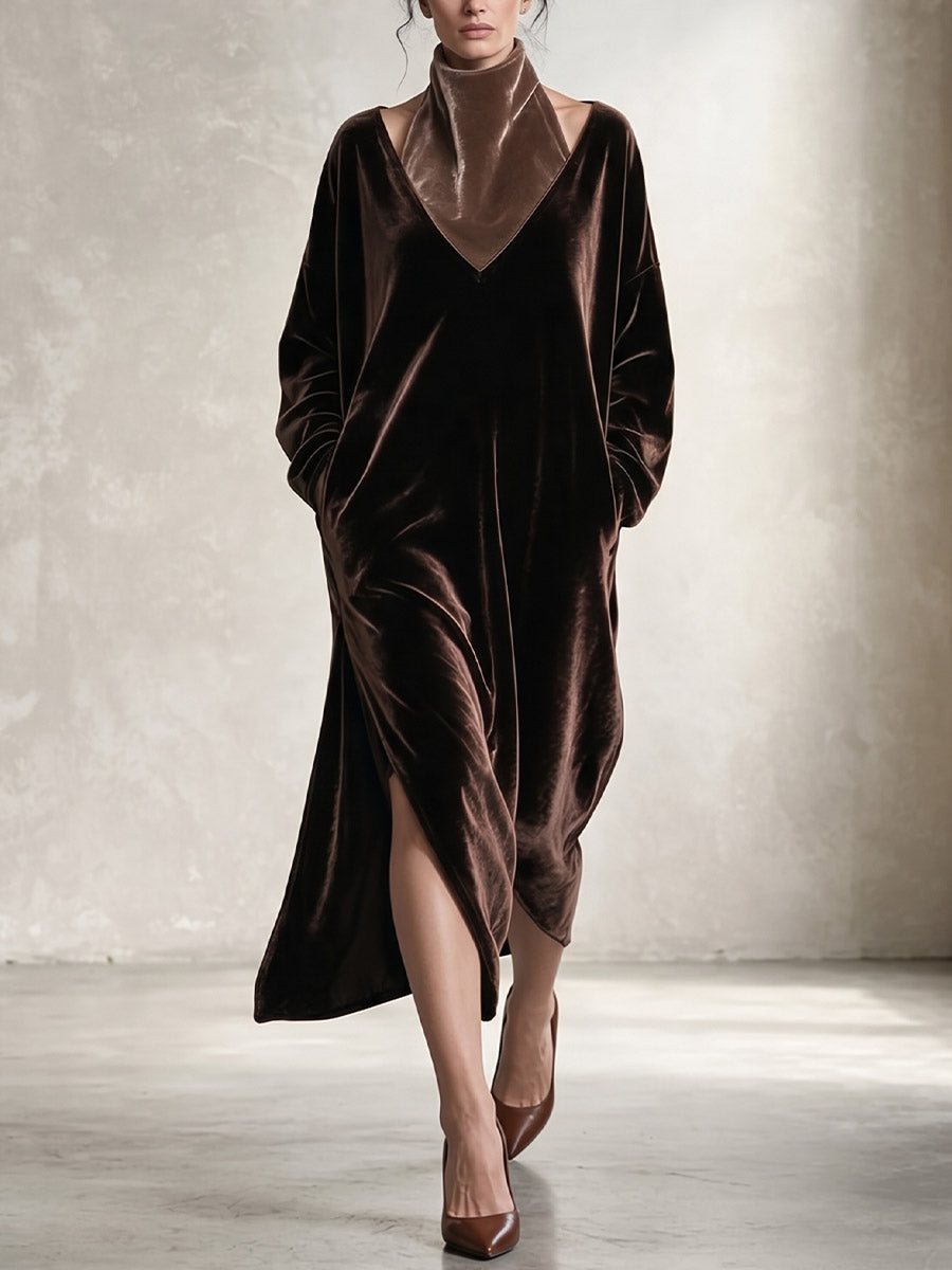 Elegant Brown Velvet V-neck Maxi Dress With Scarf