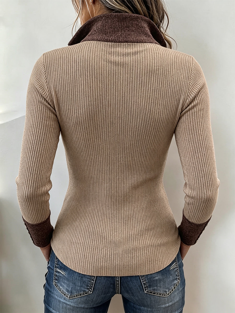 Cozy Contrast-Trim Ribbed Knit Pullover