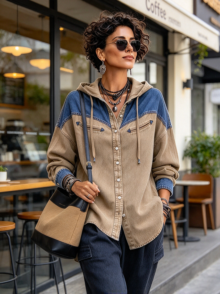 Casual Chic Colorblock Hooded Denim Jacket
