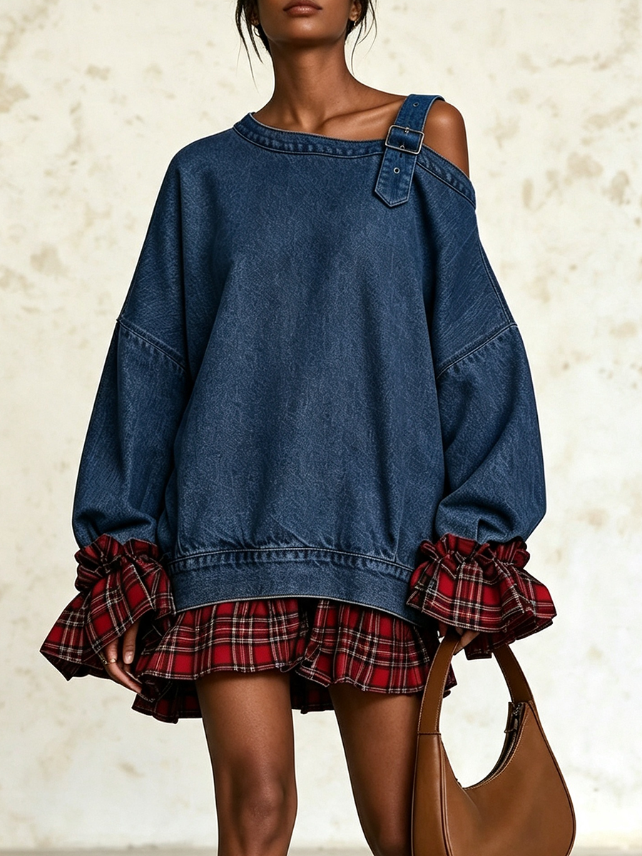 Edgy Buckle Strap Asymmetrical Denim Mini Dress