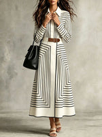 Chic Geometric-striped Button-down Midi Shirt Dress With A Tie-waist