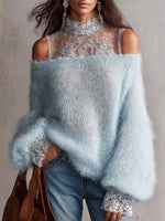 Ethereal Lace-Trimmed Off-Shoulder Knit Sweater