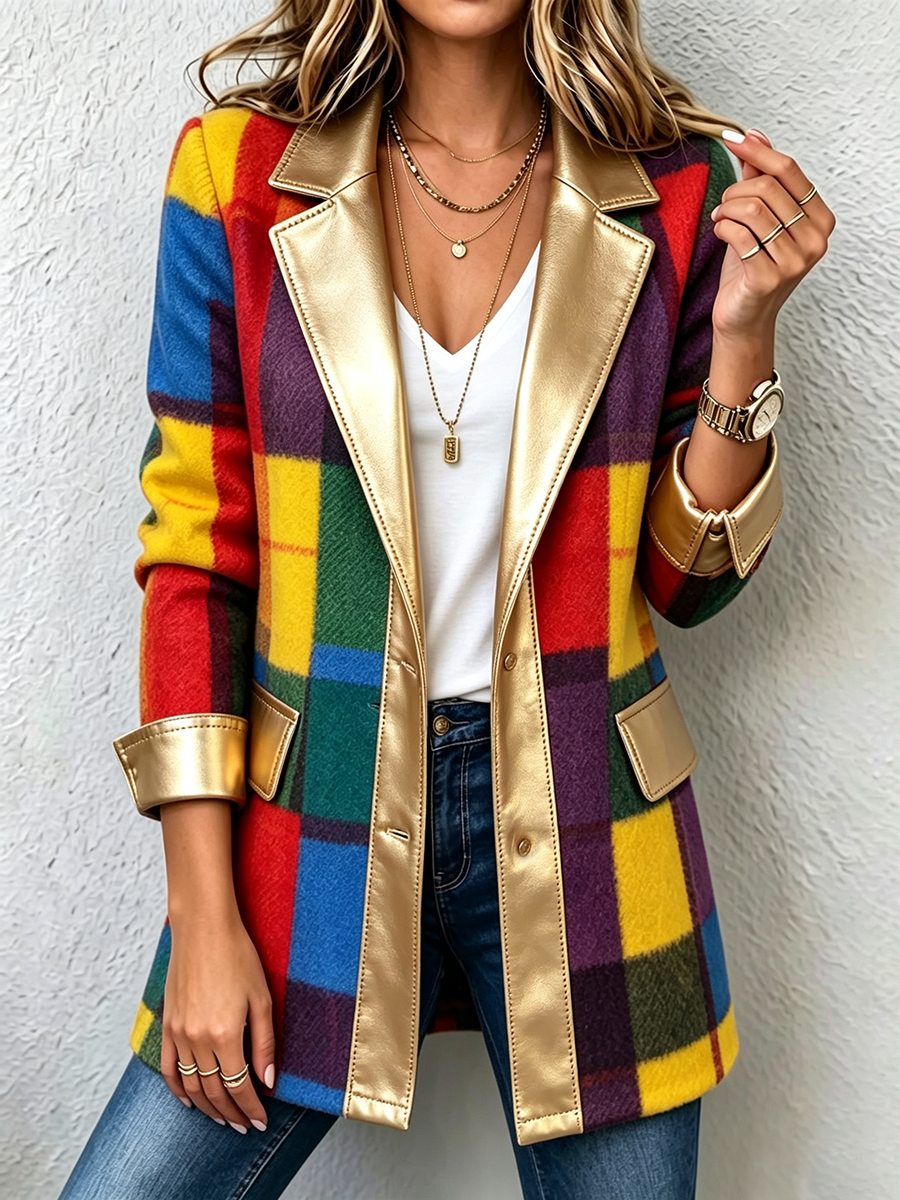 Artistic Color-blocked Plaid Jacket With Gold Lapels