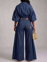Casual Cropped Zip-up Denim Jacket And Wide-leg Trousers Set