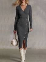 Women's Solid Color V-neck Long Sleeve Casual Loose Slit Knit Dress