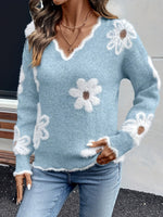 Cozy Floral Knit Scalloped V-Neck Sweater
