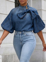 Casual Denim Shirt With Bow-detail Stand Collar