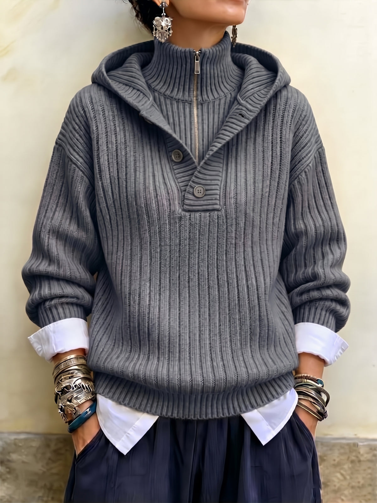Sunlit Ribbed Knit Hooded Half-Zip Pullover
