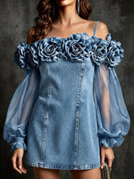 Romantic Three-dimensional Floral Denim Mini Dress