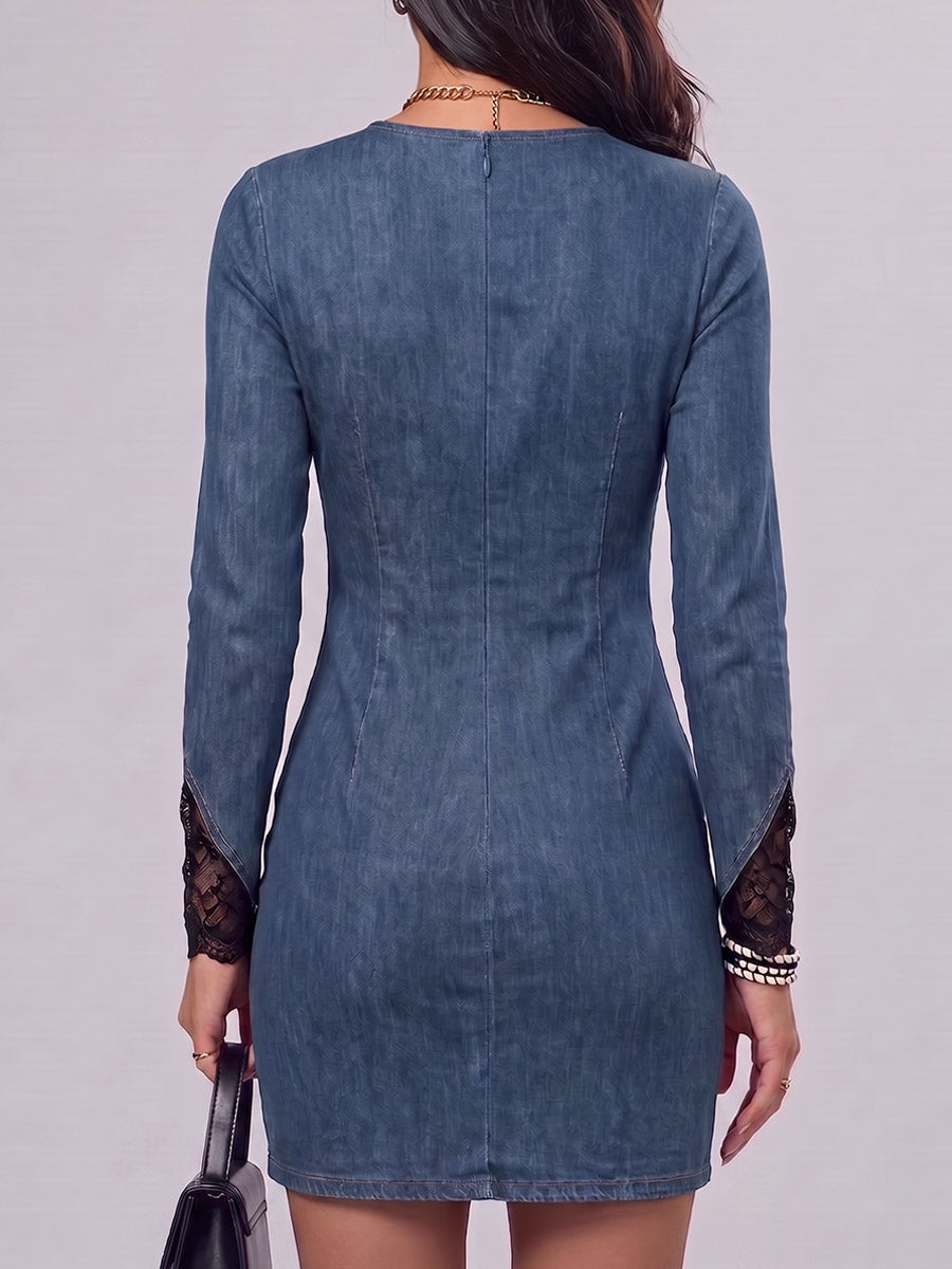 Women's Round Neck Long Sleeve Casual Loose Lace-trimmed Slim Denim Bodycon Dress