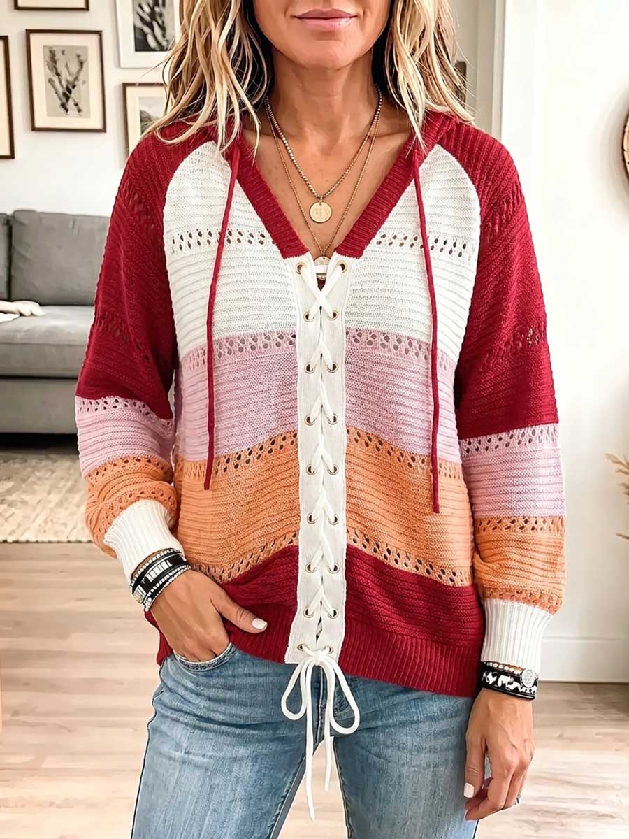 Women's Color-blocked V-neck Long-sleeved Casual Loose Hooded Knit Pullover