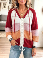Women's Color-blocked V-neck Long-sleeved Casual Loose Hooded Knit Pullover