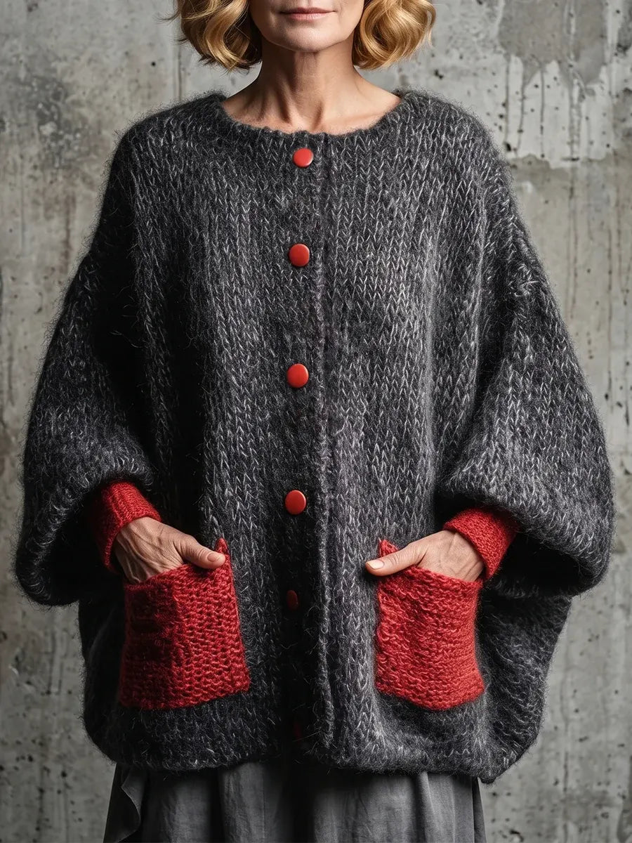 Chic Charcoal & Red Contrast Pocket Knit Cardigan
