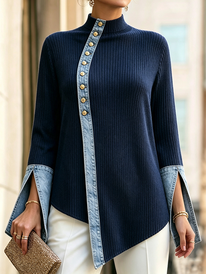 Elegant Stand-up Collar Denim Patchwork Knit Top