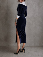Sophisticated And Elegant Midi Dress Featuring A Striped Shirt-style Collar And A Velvet Panel Design