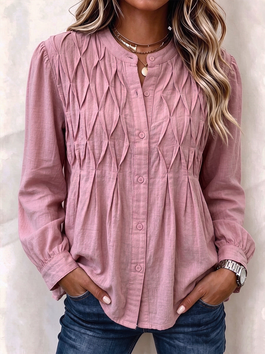 Comfortable Linen Pleated Smocked-Front Button-Down Blouse