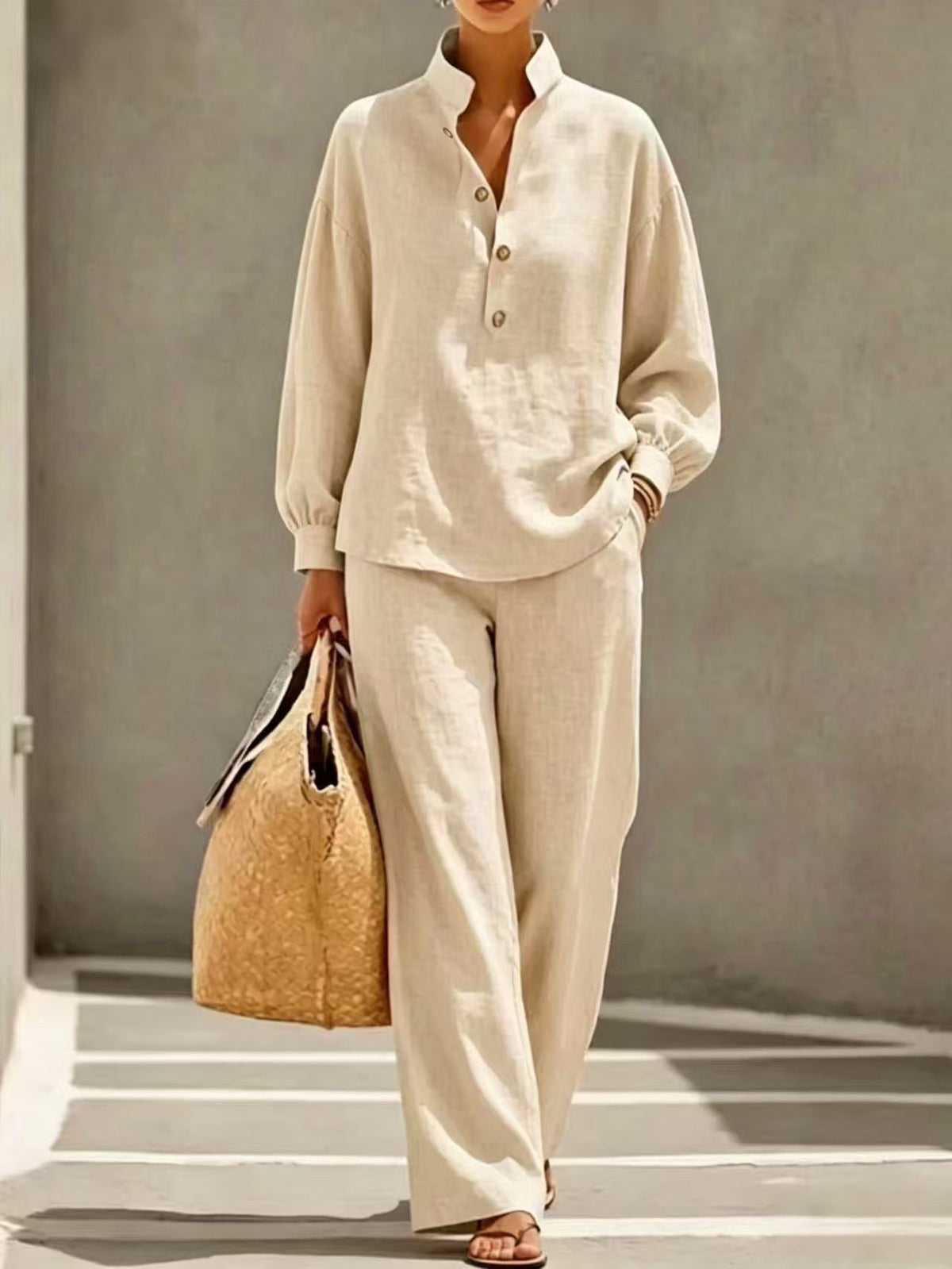 Casual, Minimalist Linen-cotton Shirt And Trousers Two-piece Setcasual, Minimalist Linen-cotton Shirt And Trousers Two-piece Set