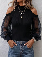 Women's Solid Color Stand Collar Off-shoulder Long-sleeve Casual Loose Chiffon And Knit Top