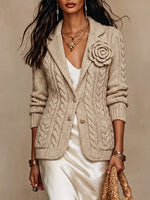Chic Floral-Accented Cable-Knit Blazer