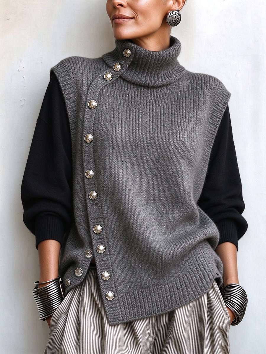 Chic Asymmetric Side-button Turtleneck Cozy Knit Vest