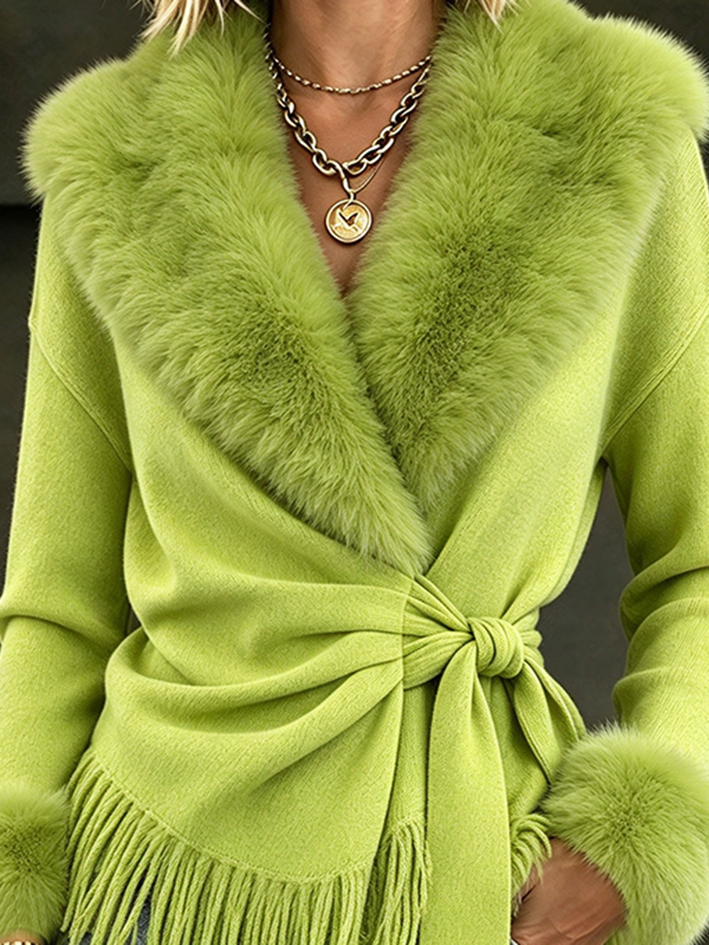 Glamorous Boho Faux Fur Trimmed Wrap Fringe Cardigan