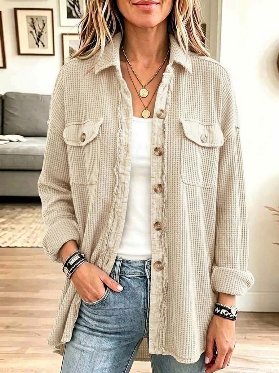 Women's Solid Color Collared Long-sleeved Casual Loose Waffle Shirt