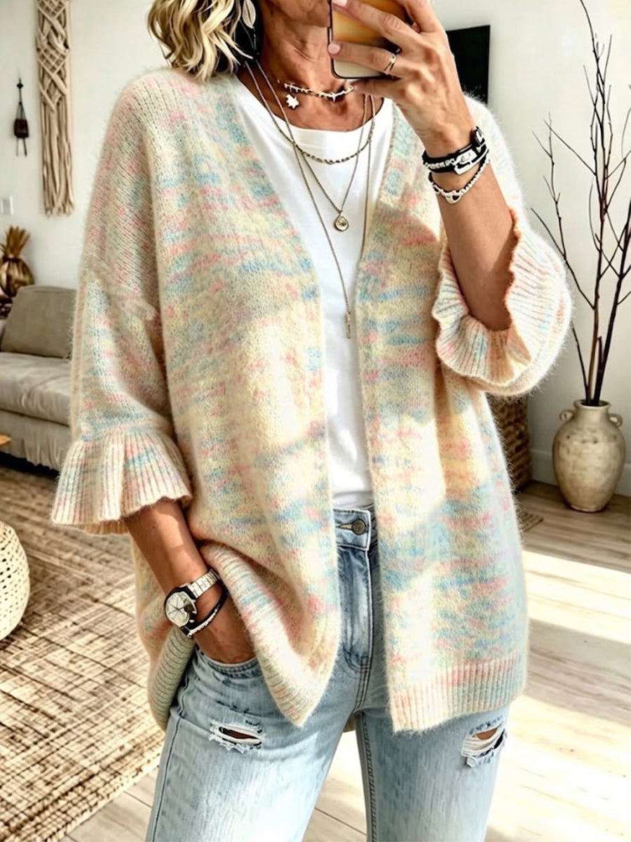 Solid-color, Loose-fit, Casual Knit Cardigan With Three-quarter Sleeves