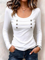 Women's Ribbed Long Sleeve Scoop Neck Top With Button Details