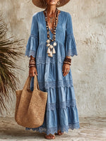 Boho Denim Lace-Trim Maxi Dress