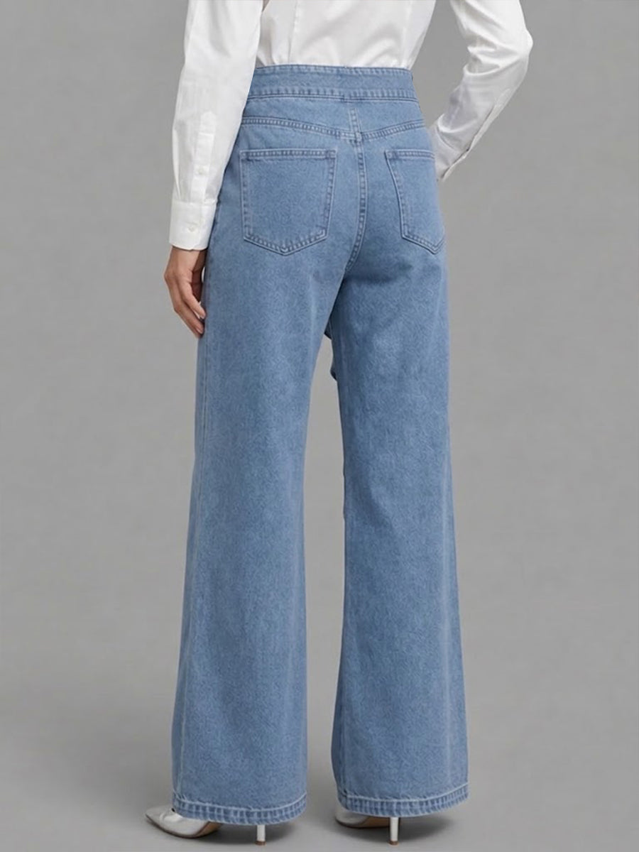 Elegant And Stylish Wide-leg Denim Pants With Ruffle And Floral Appliques.