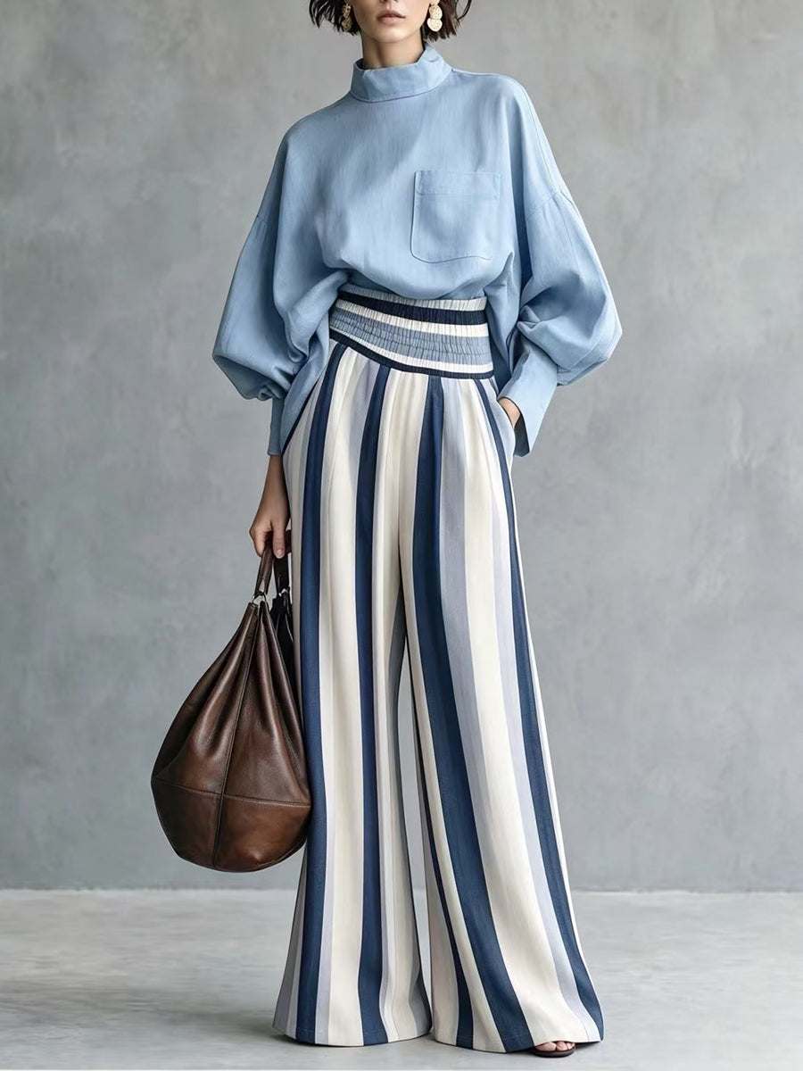 Stylish Casual Two-piece Set Featuring A Linen-cotton Blend Top And Striped Wide-leg Trousers.
