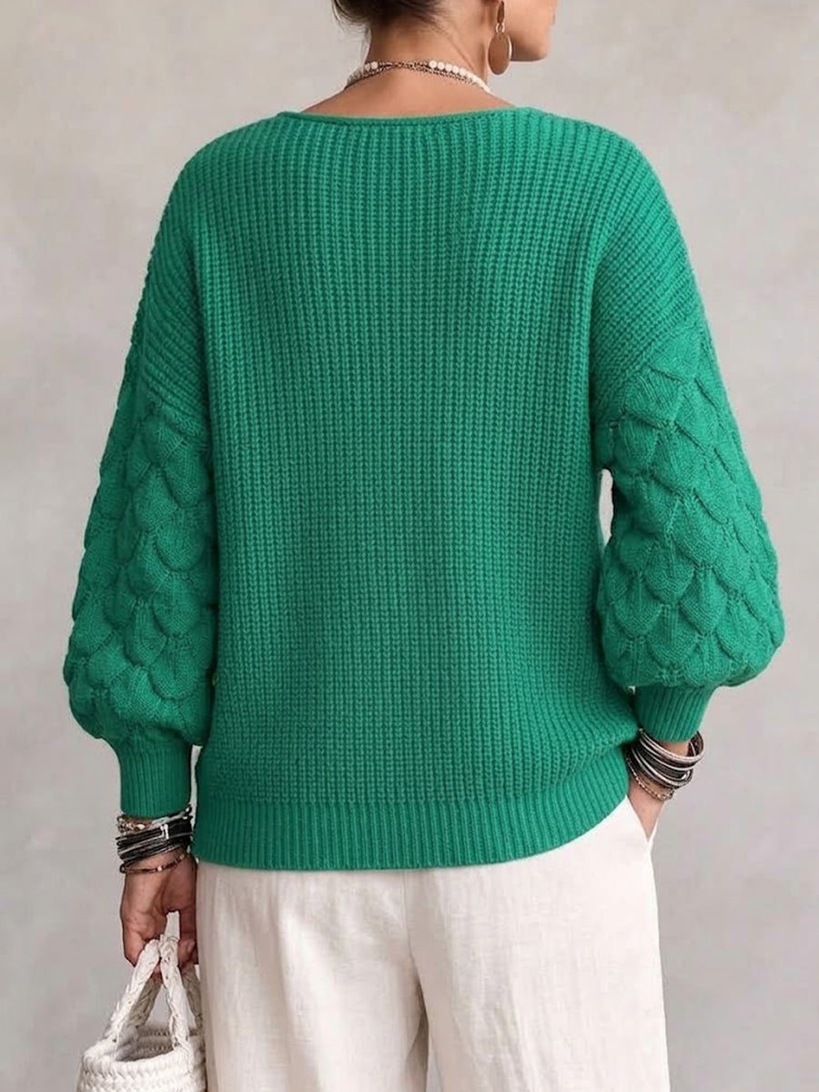 V-neck Argyle Cable-knit Lantern-sleeve Loose Pullover