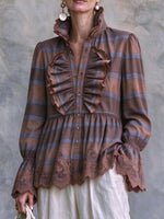 Women's Vintage Striped Blouse With Lace Hem And Ruffle Front