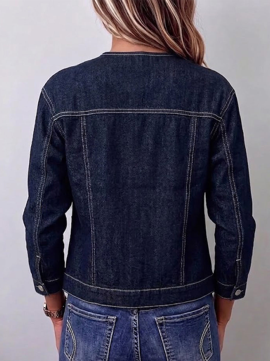 Bead-trimmed Round-neck Denim Jacket