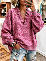 Women's Leopard Print V-Neck Long Sleeve Ruffle Trim Pullover Sweatshirt