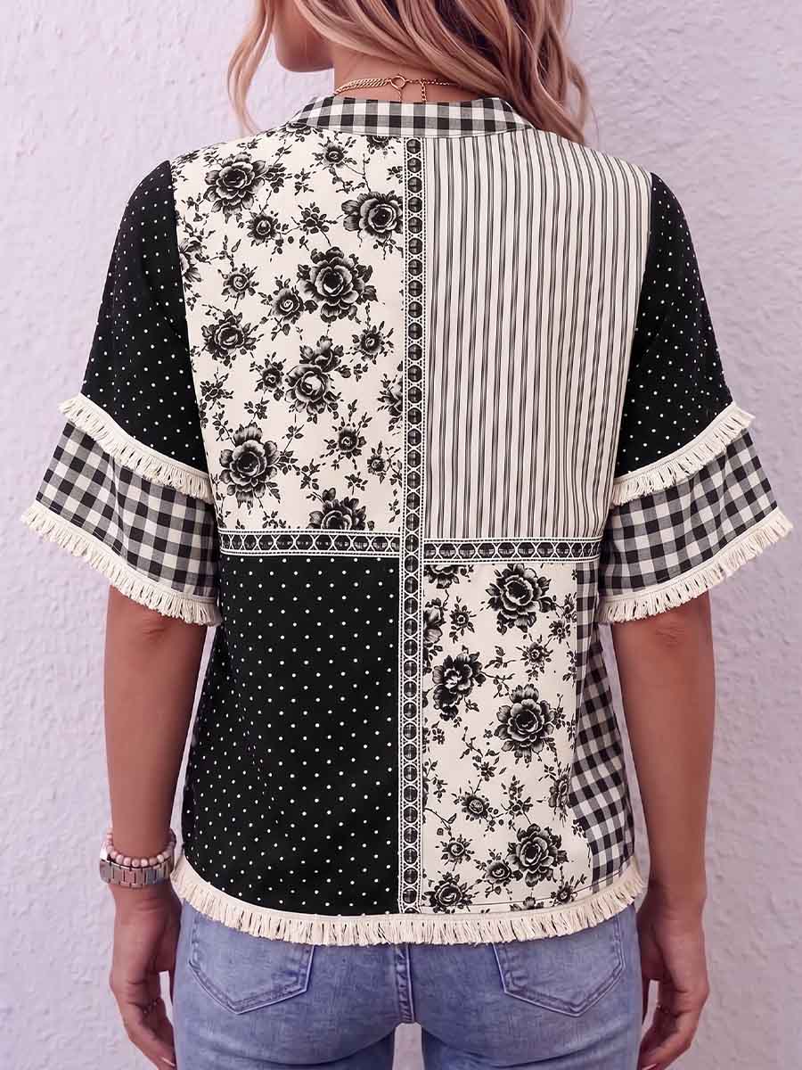 Women's Geometric Floral Patchwork Print Collared Short-sleeve Casual Loose Cotton Linen Shirt