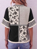 Women's Geometric Floral Patchwork Print Collared Short-sleeve Casual Loose Cotton Linen Shirt