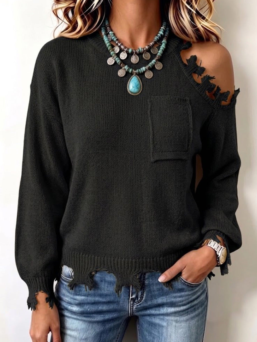 Distressed Frayed One‑side Cold‑shoulder Knit Sweater