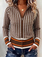 Houndstooth Zip-up Knit Cardigan With Stand Collar