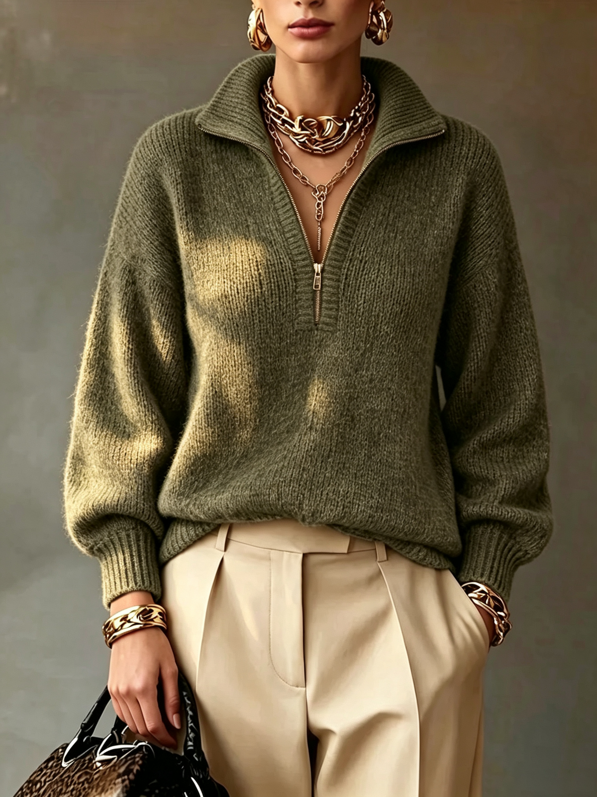 Half Zip Collar Relaxed Knit Sweater