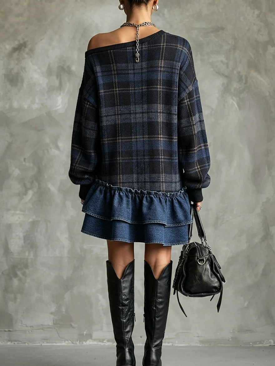 Chic Plaid Sweatshirt Denim Ruffle Hem Dress