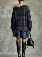 Chic Plaid Sweatshirt Denim Ruffle Hem Dress