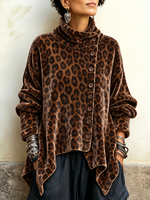 Women's Leopard Print Velvet Cowl Neck Top - Asymmetric Button Front Draped Tunic Blouse