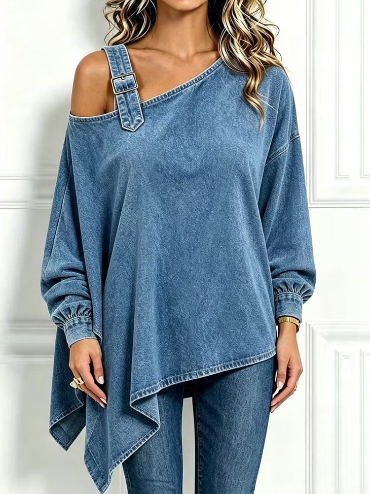 Chic Asymmetrical Off-shoulder Denim Tunic Top