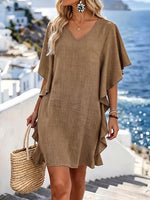Women's Solid Color V-neck Short-sleeve Casual Loose Cotton-linen Dress
