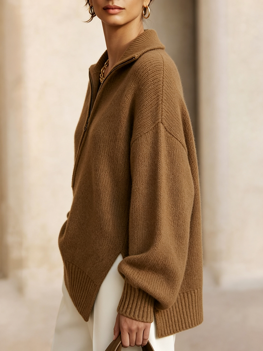 Stylish Asymmetrical Hem Half-zip Knit Top