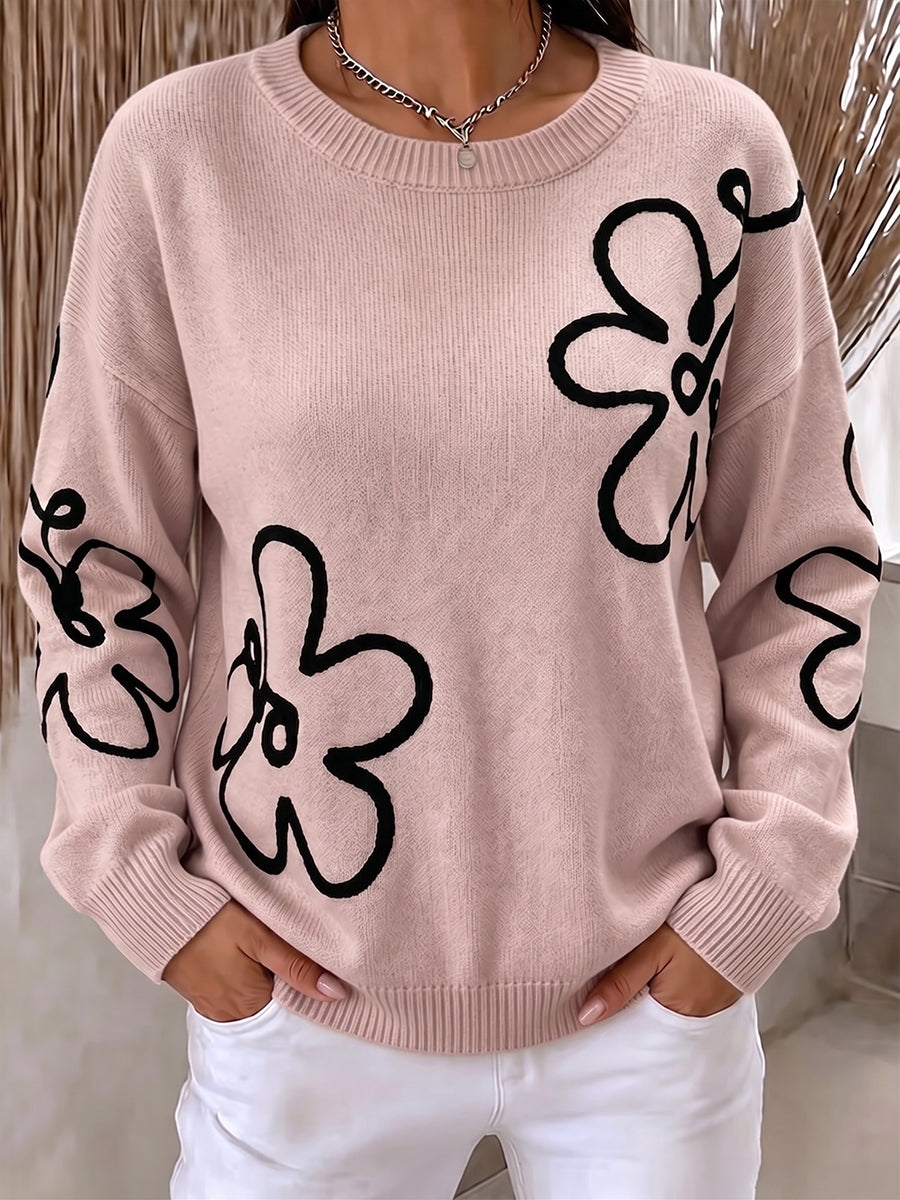 Vibrant Abstract Embroidery Floral Knit Pullover