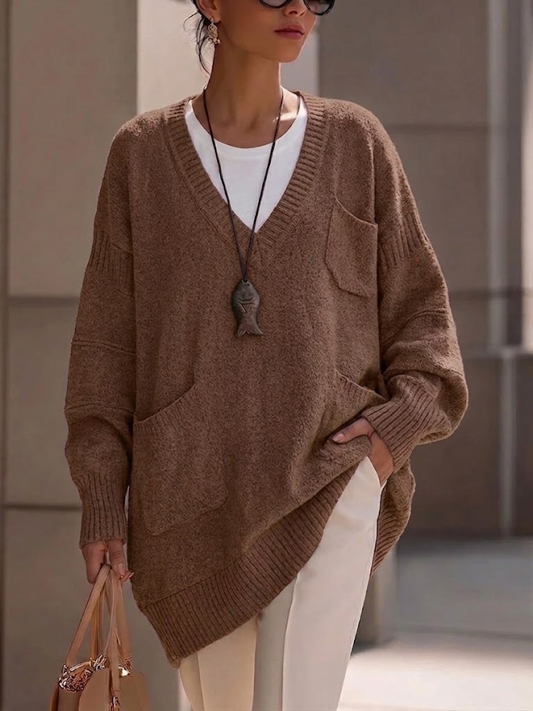 V‑neck Multi‑pocket Drop‑shoulder Oversized Knit Sweater