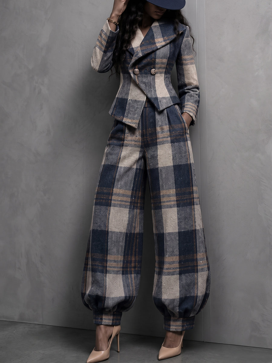 Sophisticated Plaid Cured-Hem Wide-Leg Trousers